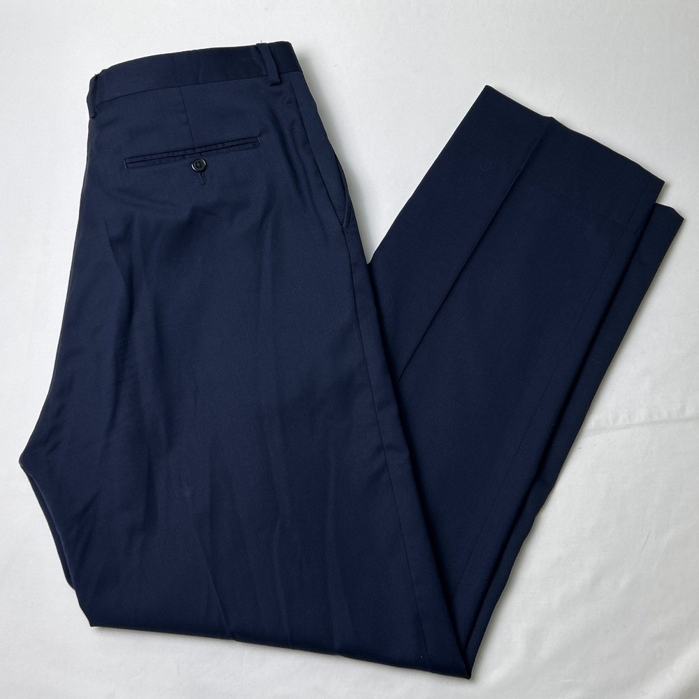 Jos. A. Bank Mens Wool Flat Front Dress Pants Size 37x32 Navy Blue Career Office